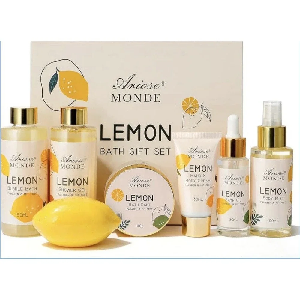 ArioseMonde Lemon Bath Set 7Pc‎ Gift Spa Kit Gel Bubble Soap Oil Salt New